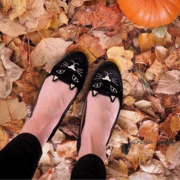 Charlotte Olympia Kitty Cat Black Velvet Flats Loafers Gold, EU 38 US 7.5-8 - Picture 12 of 12